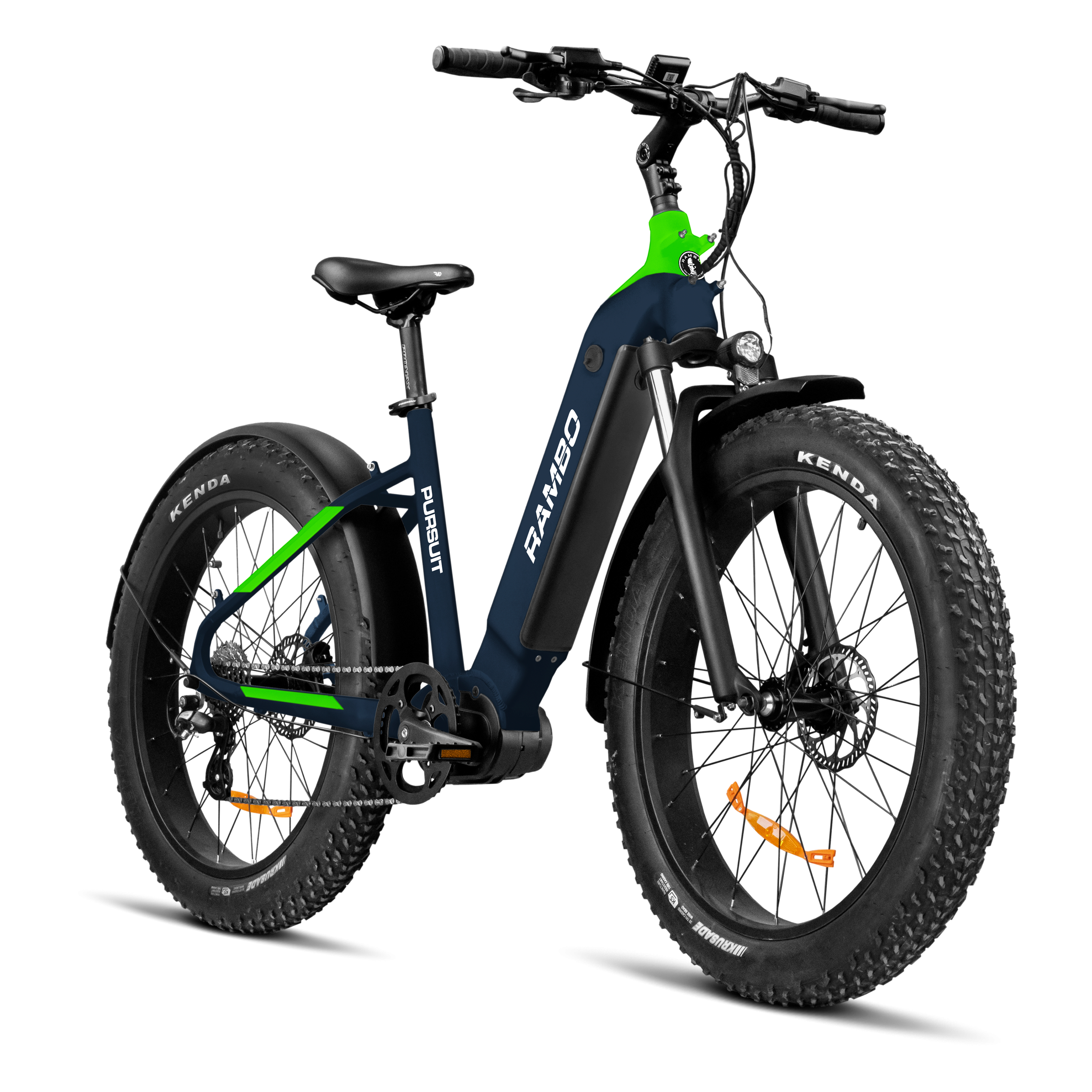 A front/side shot of The Pursuit electric bike, in navy blue and neon green.