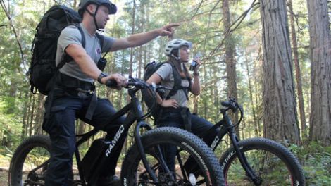 Two people in the forest on e-bikes on an Eco Tour