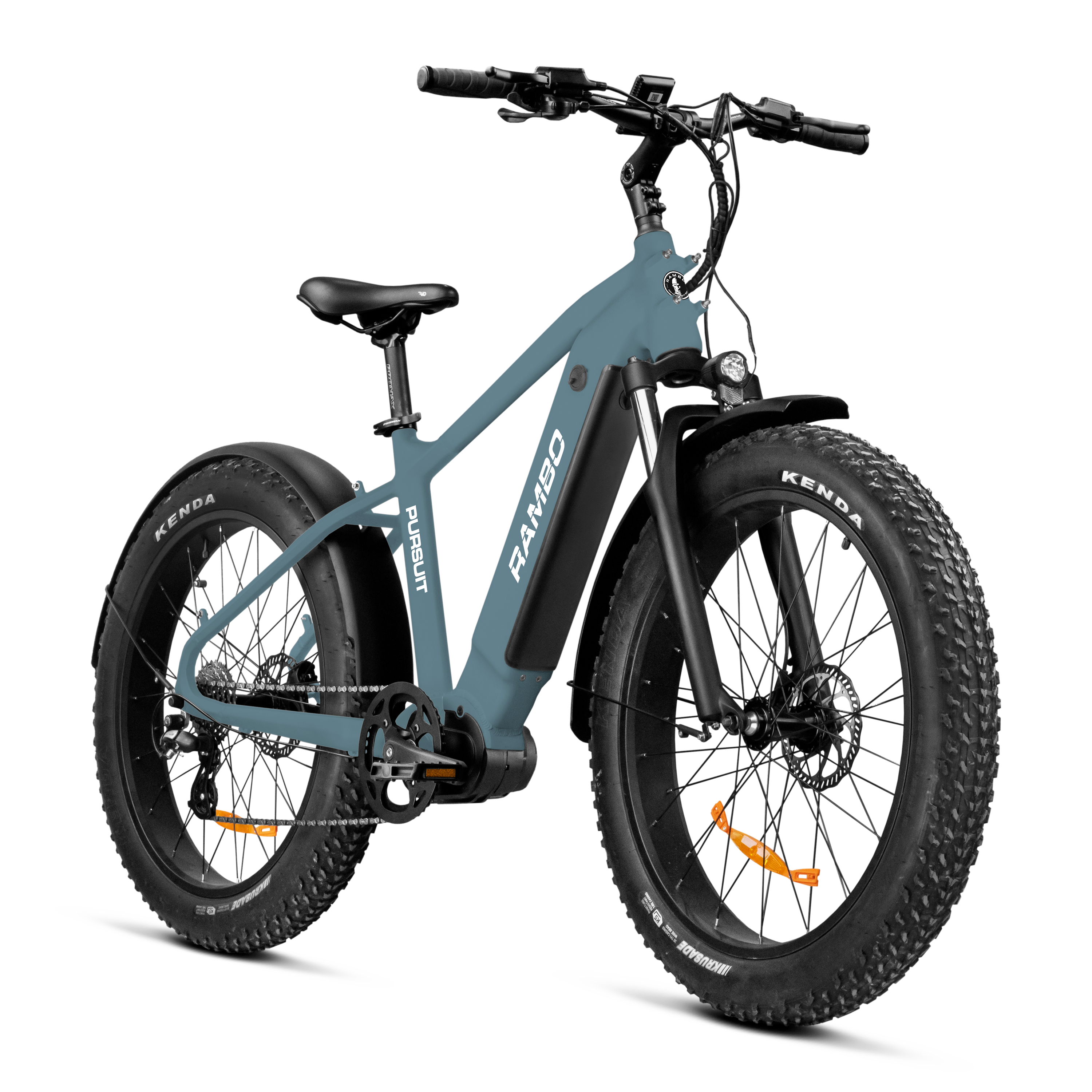 A frontal side-view of the grey coloured Pursuit ebike.
