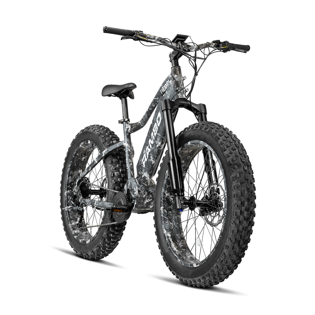A frontal side view of The Rebel Rambo Bike, showing the Urban Camo design.