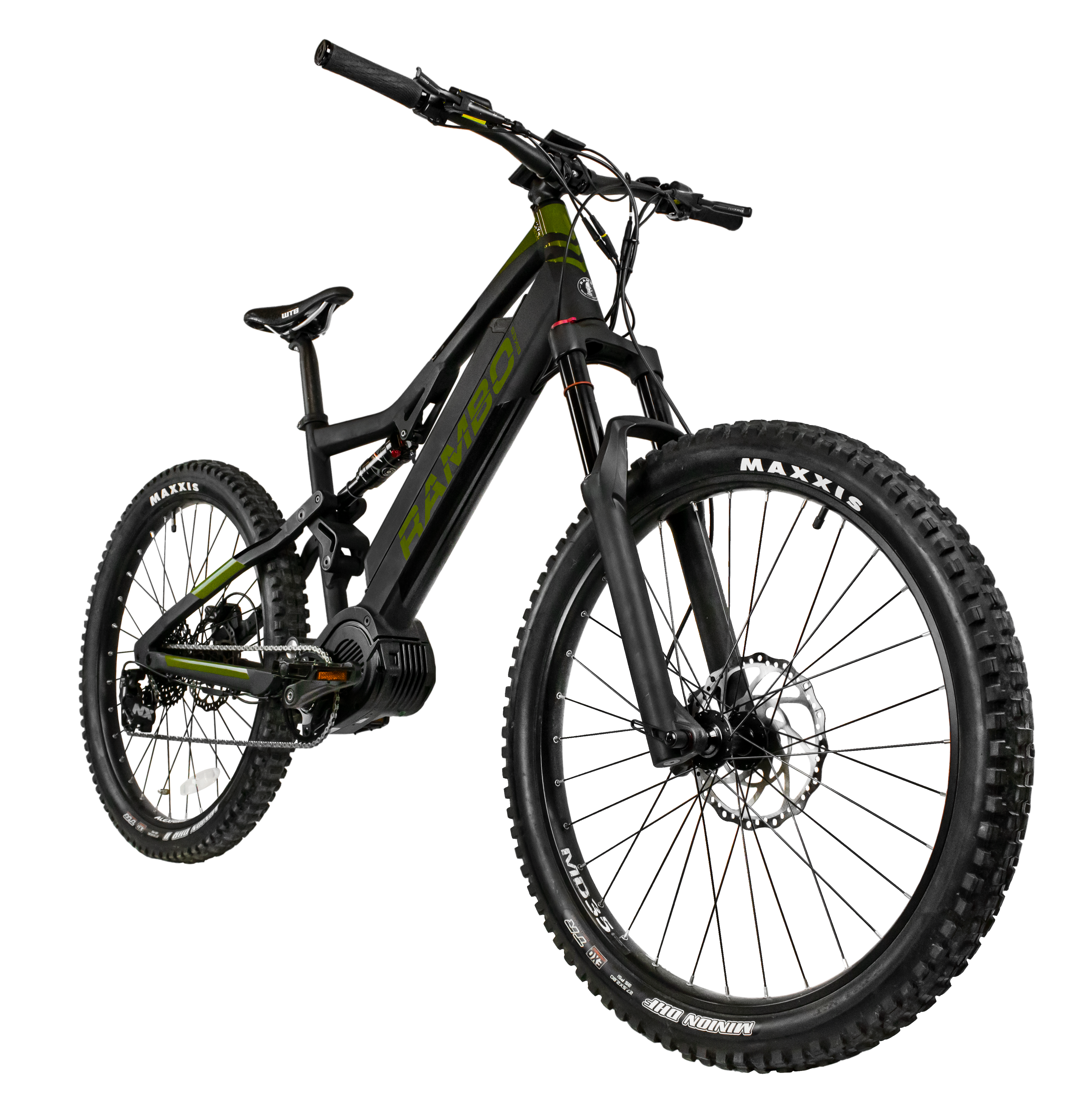 A frontal/side view of The Rampage ebike in black and green.