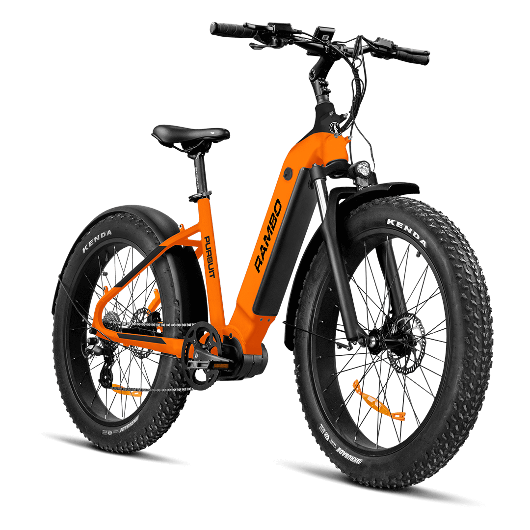 A front/side shot of The Pursuit electric bike, in orange and matte black.