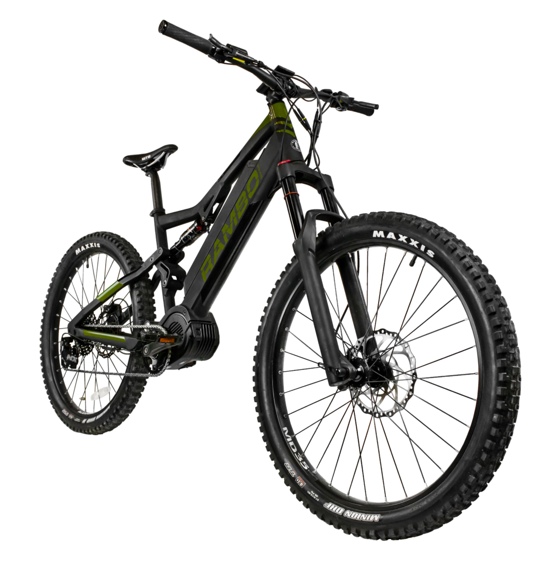 A frontal/side view of The Rampage ebike in black and green.