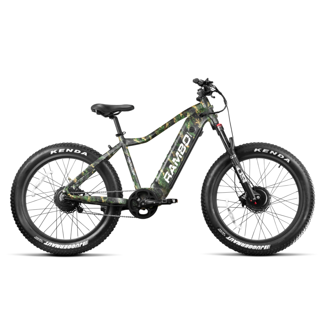 A side view of The Krusader 2.0 Rambo Bike, this one shown with the woodland shadow design.