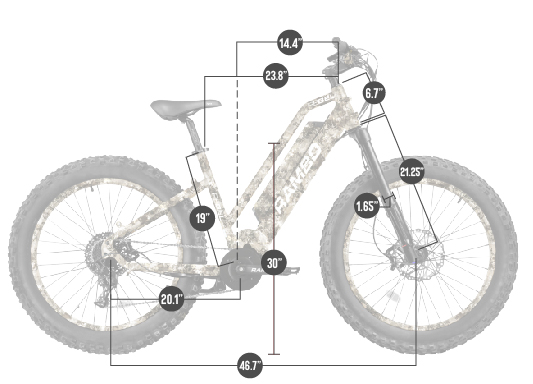 A diagram of The Rebel Step-Thru displaying various measurements (in inches) for each electric bike part.