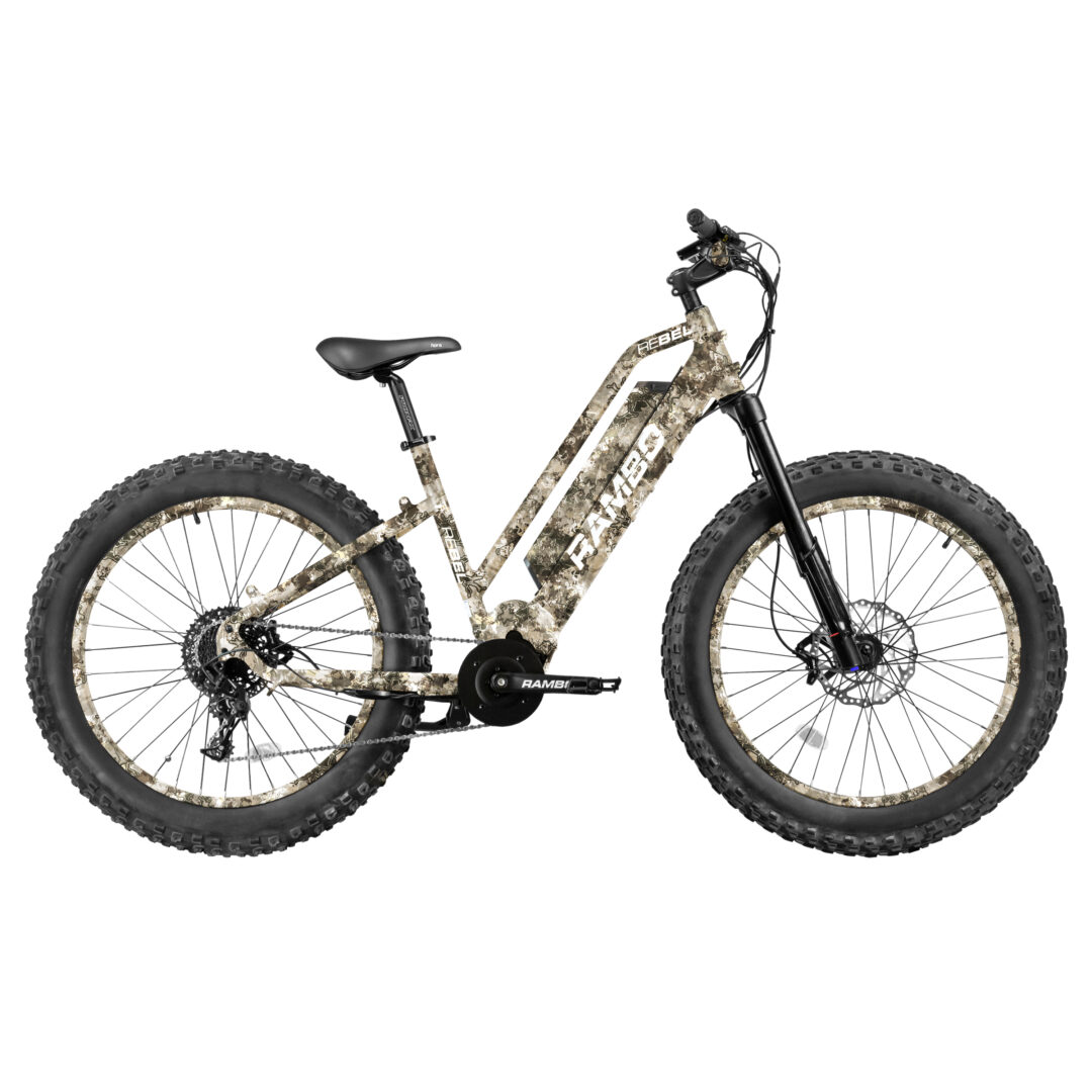 A side view showing The Rebel Step-Thru ebike with a camo design.
