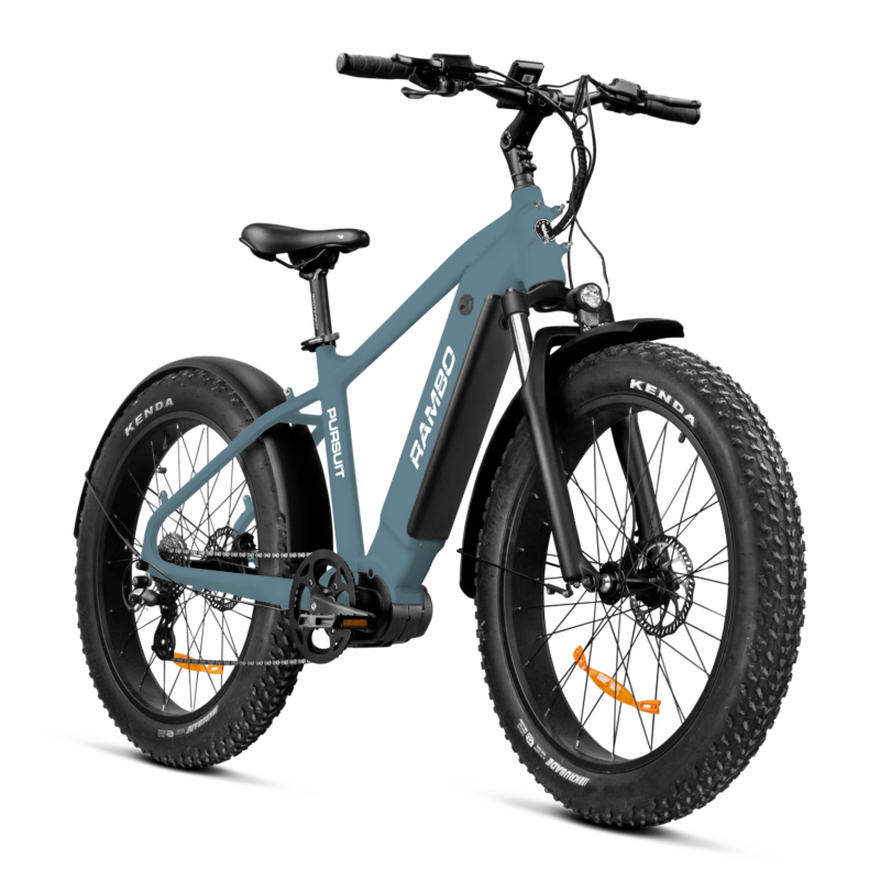 A frontal side-view of the grey coloured Pursuit ebike.