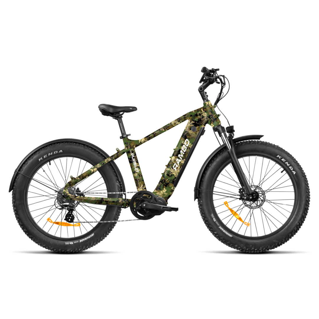 A full side view of The Pursuit ebike model, this one shown in the Viper Woodland design.