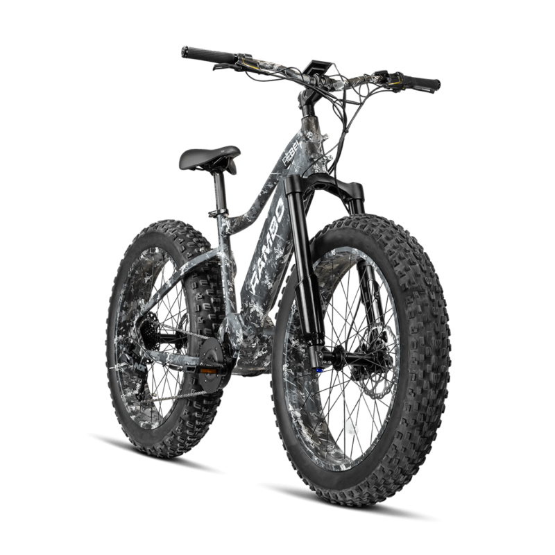 A frontal side view of The Rebel Rambo Bike, showing the Urban Camo design.