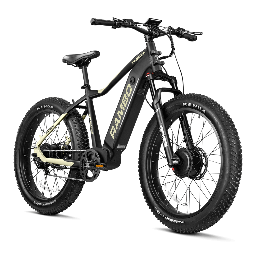 The Krusader eBike shown in black, viewed from the front/side angle.