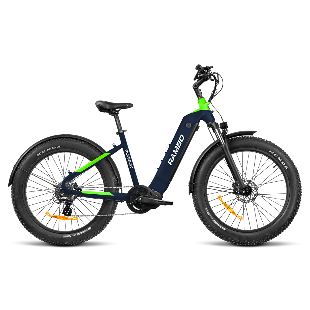 An overview side shot of The Pursuit 2.0 electric bike in navy blue and neon green.