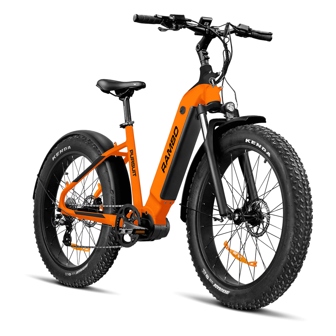 A front/side shot of The Pursuit electric bike, in orange and matte black.