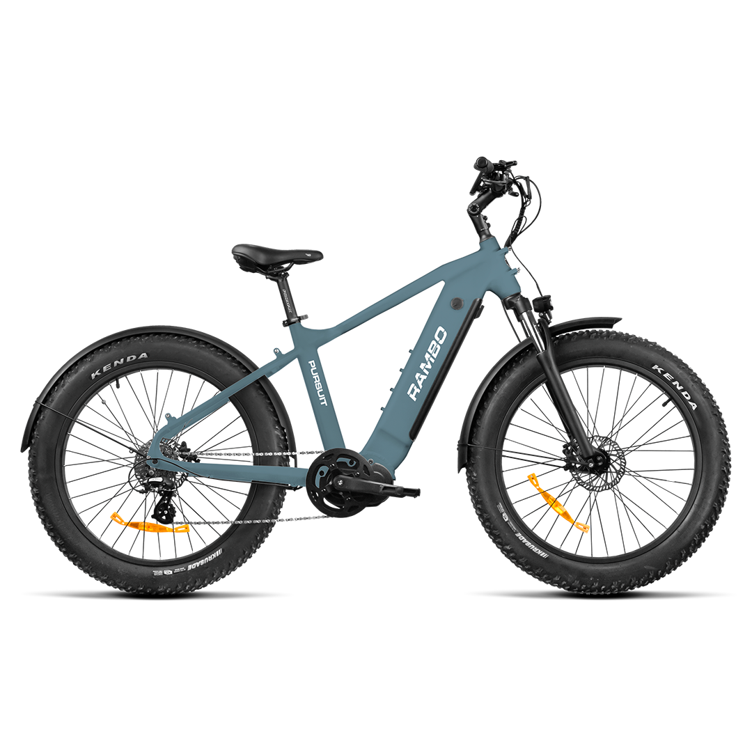 A full side view of The Pursuit ebike model, this one shown in grey.